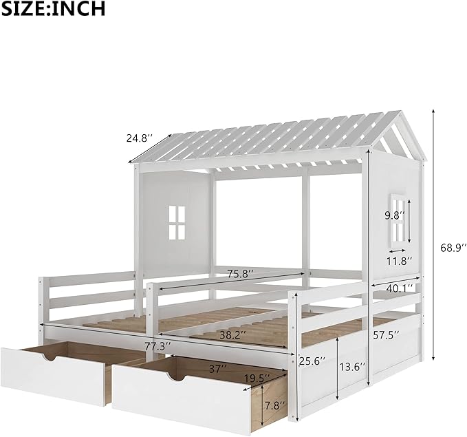 P PURLOVE Twin Double Shared Bed,Twin Size House Platform Beds with Two Drawers for Boy and Girl Shared Beds, Montessori House Bed Frame Combination of 2 Side by Side Twin Size Beds,White