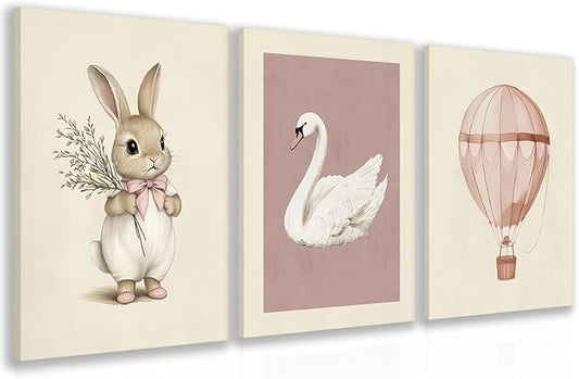 Hianan Pink Baby Girl Nursery Wall Decor Cute Bunny Wall Art Cozy Rabbit Canvas Artwork Elegant Swan Poster Prints Vintage Hot Air Balloon Painting Prints for Kid's Room Baby Room Framed 16"x24"x3
