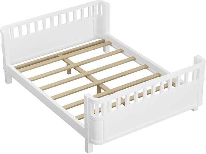 Ball & Cast Twin Size Toddler Bed W/LED Light,Metal Bed W/Linen Fabric Upholstered Storage Headboard,Platform Bed Frame W/Safety Guardrails & Low Profile Design,for Boys Girls,Black