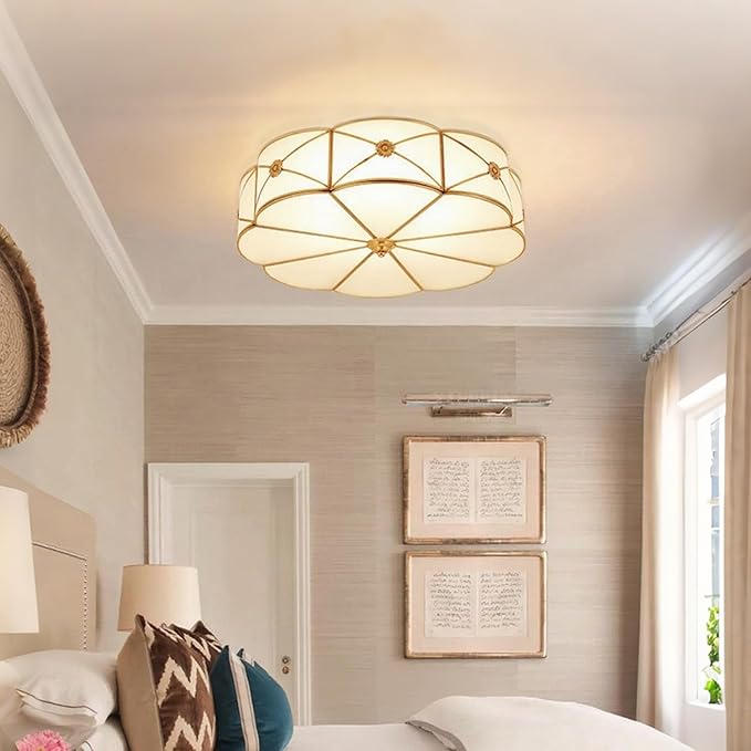 MIXL- Mid Century Brass Flush Mount Ceiling Light, 6-Light LED Brass and Glass Ceiling Lamp, Frosted Glass Shade Modern Light, Close to Ceiling Light Decorative for Bedroom Living Room(23.62" W)