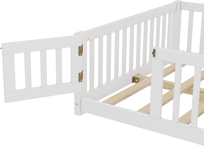 Bellemave Full Size Floor Bed with Slats and Safety Guardrail, Full Size Montessori Floor Bed with Fence and Door, Easy Assemble Montessori Beds for Kids, Girls, Boys, White