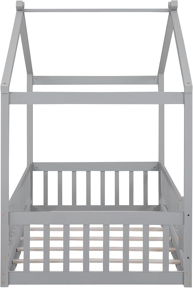 Merax Twin Size Wooden House Bed with Fence, Wood Bed Frame with Roof and Safety Guardrail for Kids, Teens, Boys or Girls, Gray