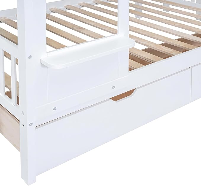 MERITLINE Full Over Full Castle Bunk Bed with Slide,Stairs and Drawers,Solid Wood Floor House Princess Bunk Bed with Storage Shelves (White,Full Over Full)