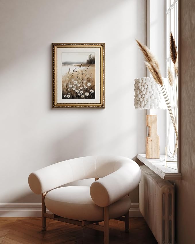 ARPEOTCY Vintage Gold Framed Wall Art, Wildflower Field Paintings, Floral Canvas Prints Artwork with Antique Frame, Victorian Wall Picture Decor for Room Gallery Living Room, 13x16 inch