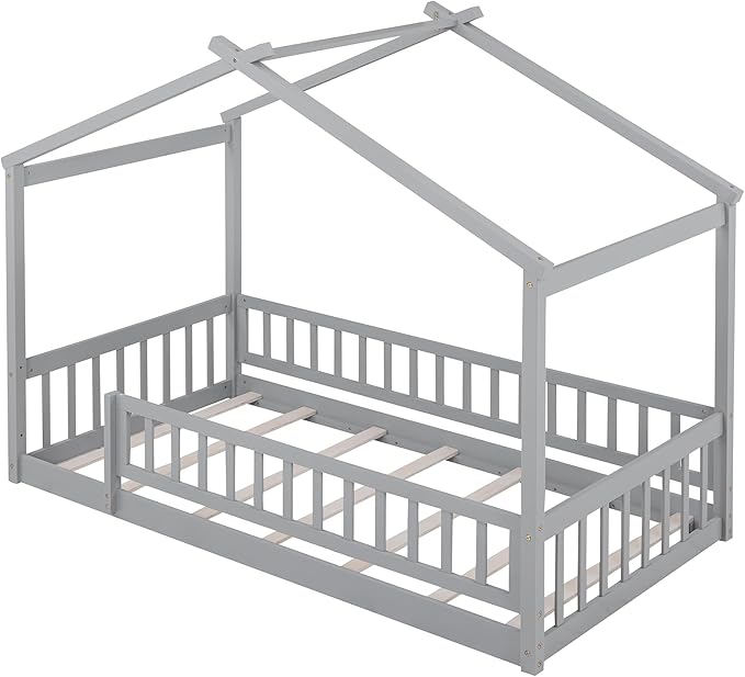 Merax Twin Size Wooden House Bed with Fence, Wood Bed Frame with Roof and Safety Guardrail for Kids, Teens, Boys or Girls, Gray
