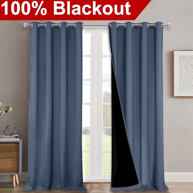 NICETOWN 100% Blackout Blinds, Set of 2, 46" x 102", Stone Blue, Laundry Room Decor Window Treatment Curtains for Large Patio Sliding Door, Thermal Insulated Curtains for Bedroom