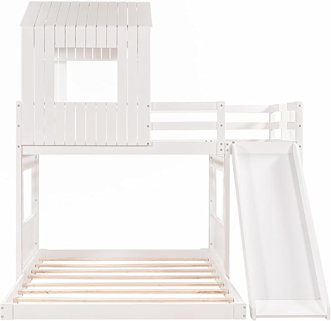MERITLINE House Bed Bunk Beds with Slide Twin Over Full Size Bunk Bed Frame with Slide,Wooden Playhouse - Design Slide Bunk Beds Twin Over Full Bunk for Boys and Girls