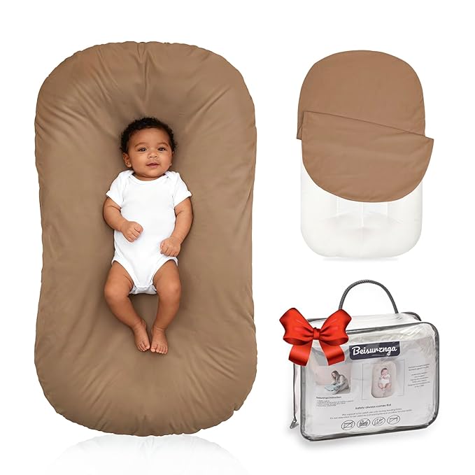 Baby Lounger for Newborn - Snuggle Cozy Me Lounger | Breathable Soft Cotton, 0-24 Months Portable Playtime Baby Nest, Newborn Baby Essentials Gifts- Brown (1 Lounger + 1 Cover)
