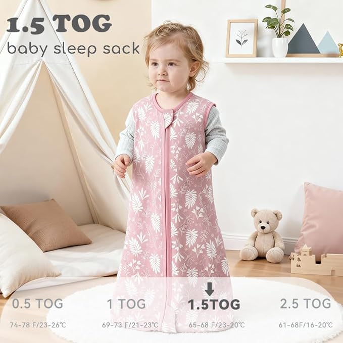 Baby Sleep Sack 6-12 Months 1.5 TOG, Bamboo Baby Wearable Blanket with 2-Way Zipper, Infant Toddler Sleeping Sack for Newborn Boys and Girls, Plant