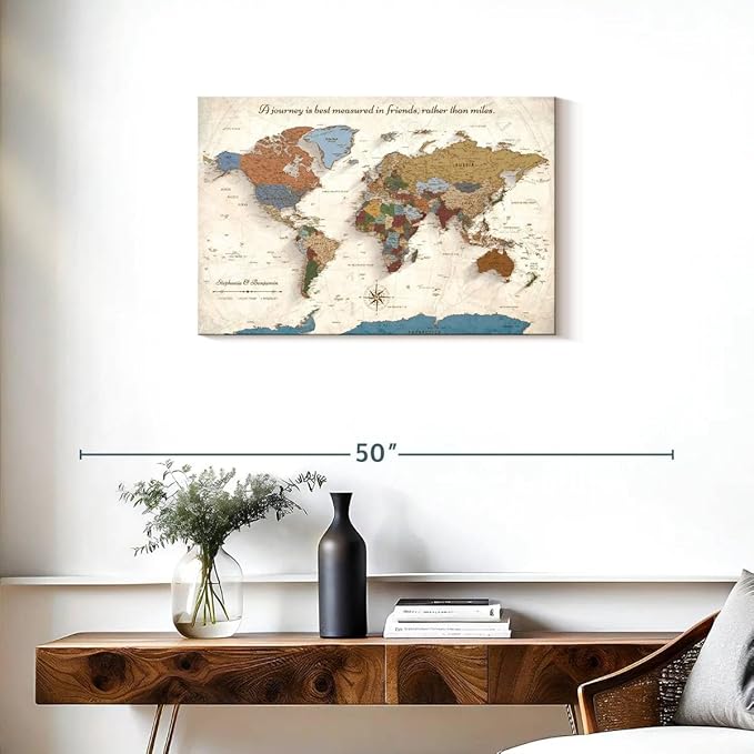 ElephantStock - Personalized Journey V Push Pin World Map Wall Art - Horizontal Canvas Wall Art - Living Room Wall Decor - Digital Art Map Canvas Art - Beige And Orange Decor - 30" x 20"