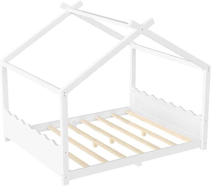 Queen Size Wooden House Floor Bed - Kids Bed Frame with Roof & Support Slats for Bedroom, No Box Spring Needed, Easy Assembly (White)