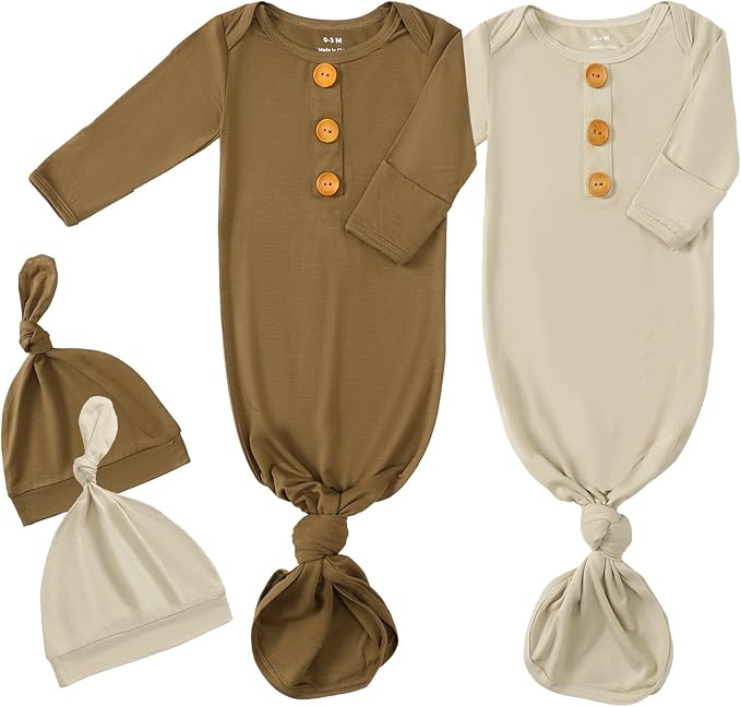 OPAWO Knotted Gown Baby Newborn Sleepers Baby Boy Coming Home Outfit, Bamboo Viscose Baby Gowns with Mitten Cuffs and Hat Set