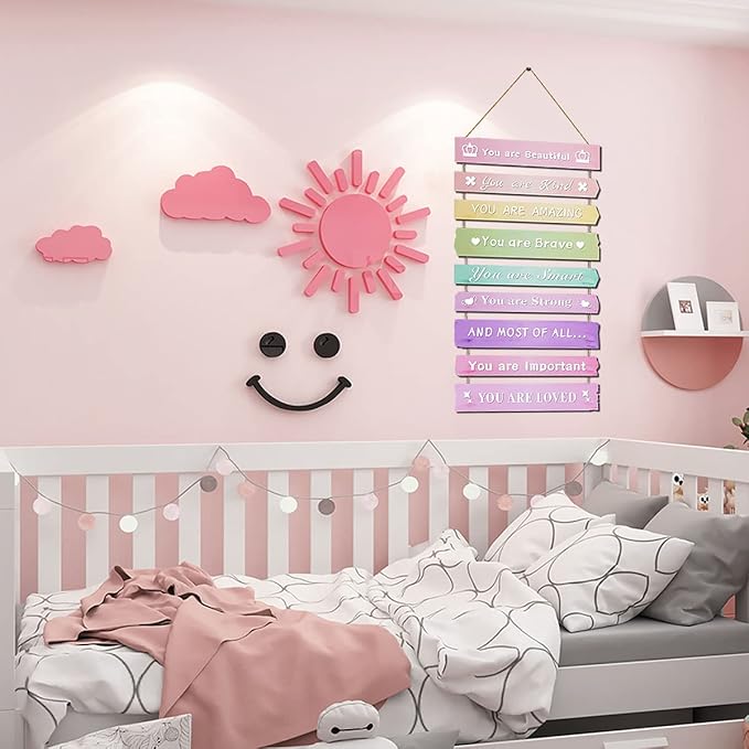 Pink Room Decor for Teen Girls Aesthetic, Cute Bedroom Wall Decor for Baby Girl, Boho Rainbow Wall Art Signs, Trendy Stuff Decorations for Kids Nursery Bed Room Dorm Classroom Bathroom