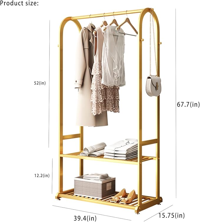 Gold Clothing Rack - Heavy Duty, Small Wardrobe Rack with Bottom Shelves for Hanging Clothes (L:39.4IN)