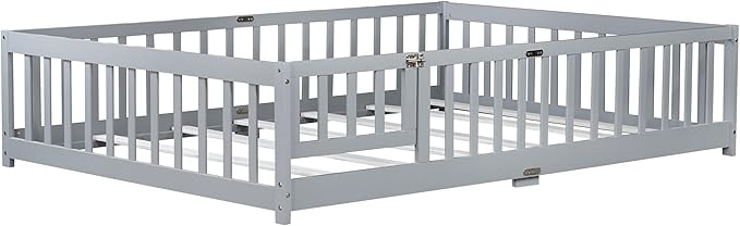 Full Size Floor Bed for Kids, Wood Montessori Floor Beds with Fence Railings, Door & Slats Support, Full Playhouse Bed Frame for Boys Girls, No Box Spring Needed, Gray