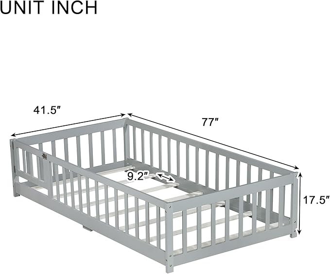 Bellemave Twin Size Floor Bed for Kids, Girls, Boys, Rubber Wood Floor Bed with slats and Door, Grey
