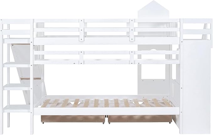 Twin-Over-Twin Bunk Beds Castle Style Bunk Bed with 2 Drawers 3 Shelves and Slide - White