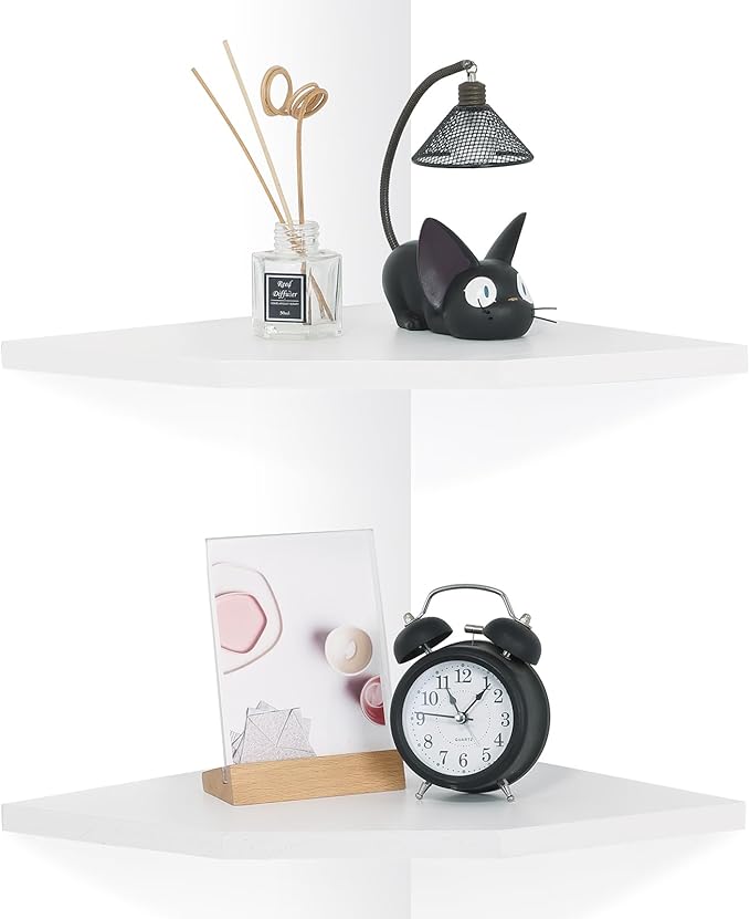 Corner Wall Shelves Set of 2, Rustic Wood Corner Floating Shelves with Cable Raceway, Wall Mount Storage Display for TV Accessories, Baby Monitor, Speaker, Cable Box (White, Diamond- 10 Inch)