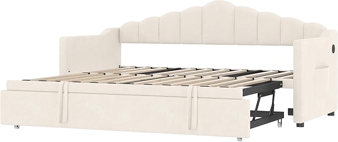 SOFTSEA Twin Daybed with Pop Up Trundle, Extendable Corner Day Bed with USB Ports, Velvet Tufted Sofa Bed Frame with Curved Backrest for Bedroom, Living Room, Beige