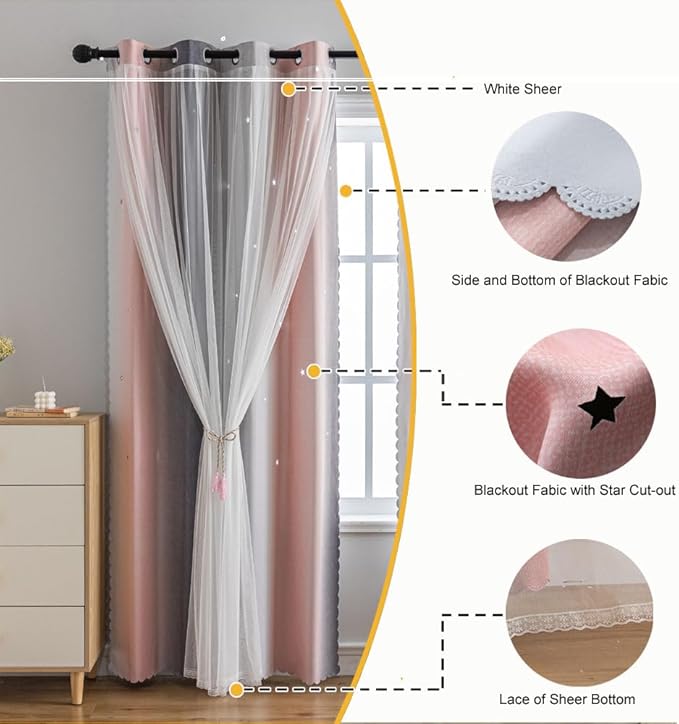 Star Girl and Kids Curtains for Bedroom Rainbow Ombre Double Layer Cute Shot Nursery Darkening Grommet Princess Room Décor 2 Panels Living Room Window Curtain (Pink Grey 52W x 63L