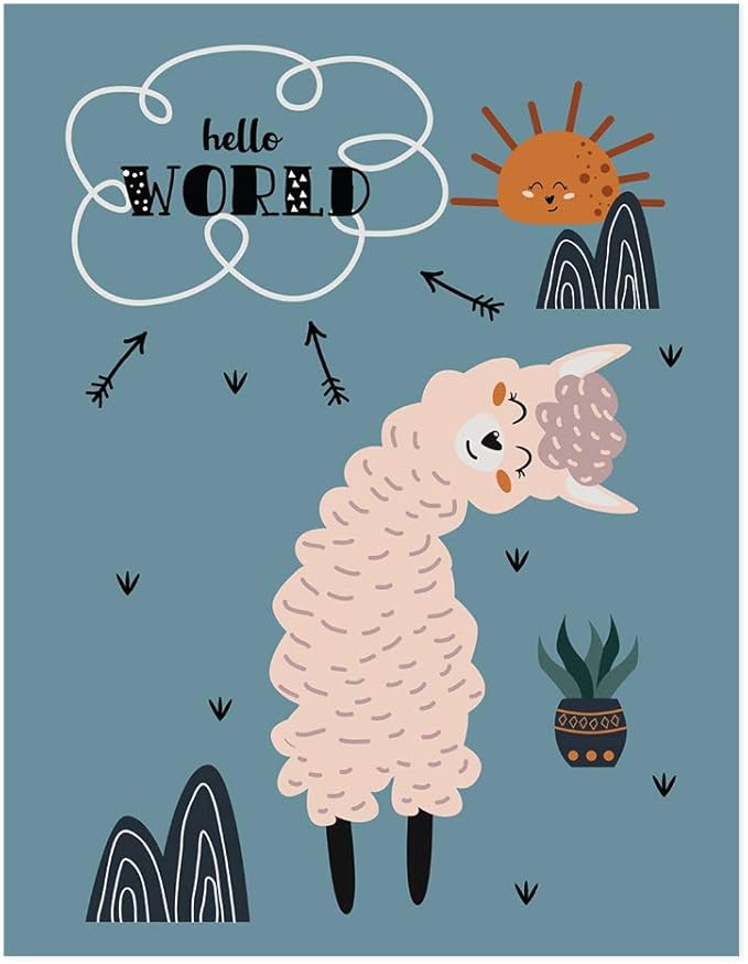 Andaz Press Nursery Kids Room Scandinavian Hello Llama Wall Art Decor Poster Prints, 8.5 x 11-inch, Scandinavian Hello World Llama Graphic, 1-Pack, Unframed