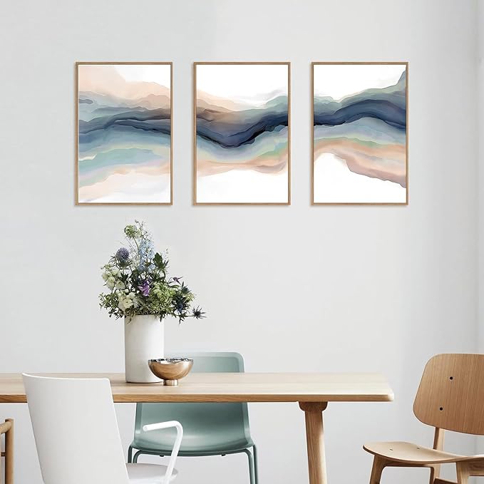 HLNIUC Blue Abstract Wall Art, Watercolor Line 24"x36" Framed Art Set of 3, Modern Wave Canvas Wall Decor, Natural Landscape Paint Stroke Prints for Living Room, Bedroom, Office