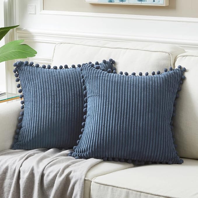 Fancy Homi 22x22 Pillow Covers, 2 Packs Dusty Blue Throw Pillow Covers with Pom-poms, Super Soft Corduroy Square Solid Cushion Cover for Couch Sofa Bedroom Living Room 55x55 cm