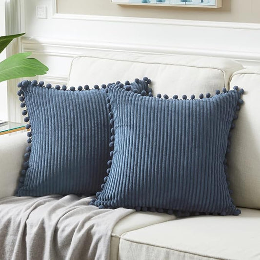 Fancy Homi 22x22 Pillow Covers, 2 Packs Dusty Blue Throw Pillow Covers with Pom-poms, Super Soft Corduroy Square Solid Cushion Cover for Couch Sofa Bedroom Living Room 55x55 cm