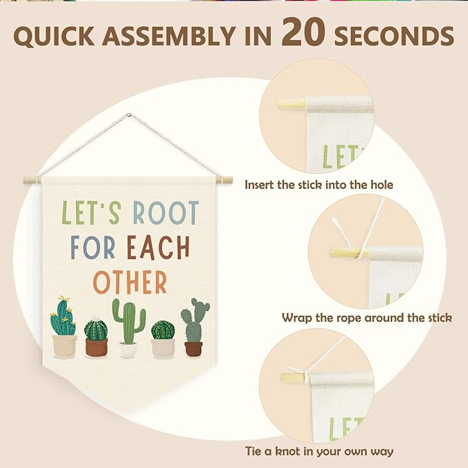 Cactus Plant Classroom Decor, Let's Root for Each Other Linen Canvas Banner, Motivational Plants Wall Hanging Pennant Flag Banner for Classroom Playroom Homeschool Decor, 15x11in