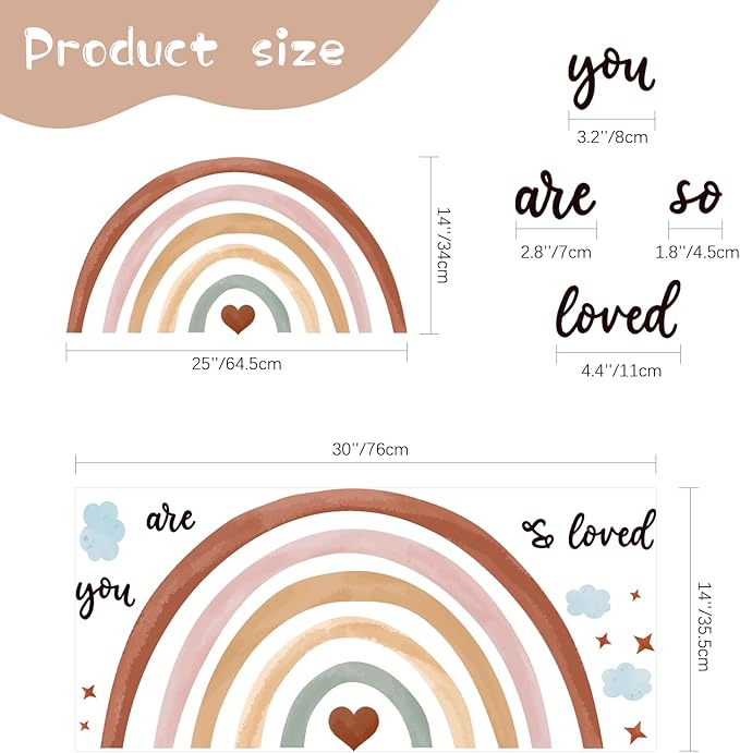 Containlol Rainbow Wall Decals, Playroom Wall Decor for Girl Room, Watercolor Peel and Stick Wallpaper, Boho Wallpaper 30 x 14 Inch Heart Art Stickers for Toddler Bedroom Nursery(Orange,Boho)