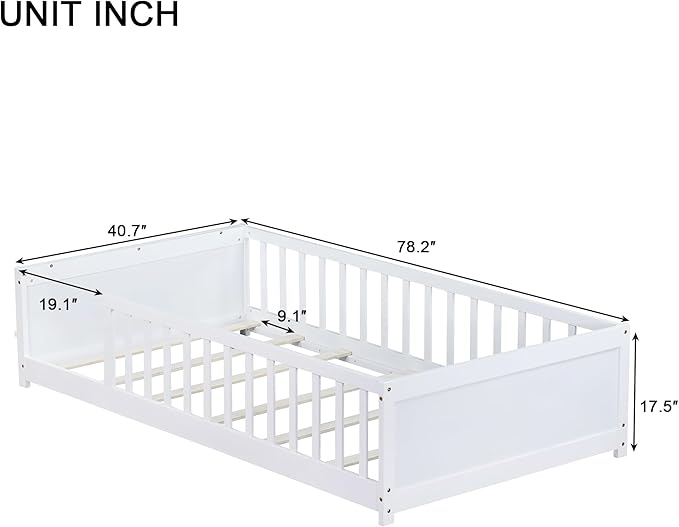 Floor Bed with Rails Twin Size, Wood Montessori Floor Bed with Storage Bookcase, Kids Bed Frame with Fence for Boys Girls, White