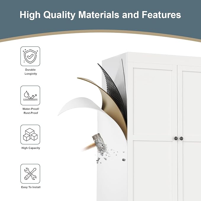 Wardrobe Closet with 2 Doors 2 Cabinets, 71" Tall Armoire with Hanging Rod Freestanding Large Capacity Clothing Wardrobe Cabinet w/Gold Handles for Bedroom-White