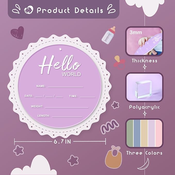 Baby Announcement Sign, 6.7 Inch Hello World Newborn Sign, Thickness Upgrade Birth Announcement Sign for Hospital, Nursery Baby Shower (Purple)