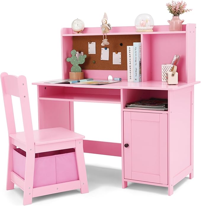 Kid's Study Desk and Chair Set for Boys & Girls – Wooden Ergonomic Design, Includes Built-In Chair Storage Bins & Bookshelf Organizer & Cork Bulletion Board, for Children Studying, Writing, Drawing