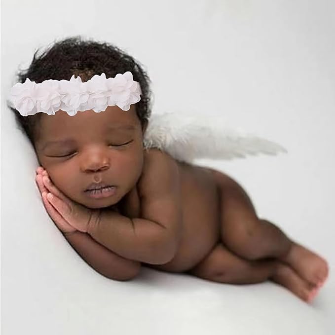 2PCS White Angel Wings With Flower Headband For Newborn Infant Photography Props Soft Fairy Feather Wings For Toddlers Kids Girls Gifts(Color B, One Size)