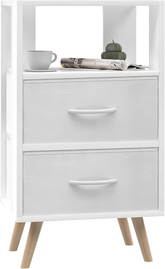 Night Stand, White Kids Nightstand with Fabric Drawers, Nursery Side Table with Open Storage, 3-Tier Modern End Table, Bedside Table for Small Space, Living Room, Bedroom
