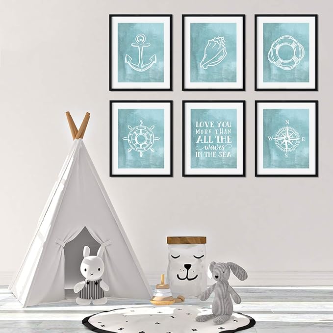 Andaz Press Ocean Nautical Sailor Theme Nursery Kids Bedroom Hanging Wall Art Decor, 8.5x11-inch, Watercolor Aqua Blue, Compass, Anchor, Shell Graphics, 6-Pack, Unframed Room Poster