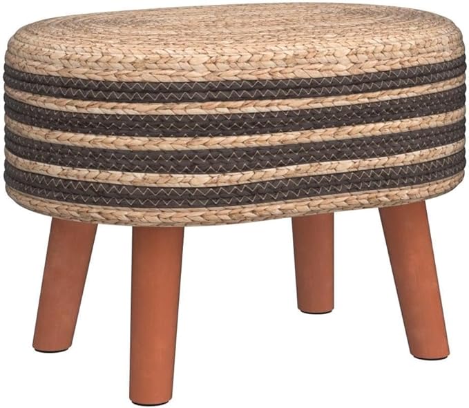 Cpintltr Round Ottoman Natural Seagrass Footstool Hand Weave Water Hyacinth Poufs Eco Friendly Sofa Foot Stool Soft Step Stool Padded Foot Rest with Pine Legs for Living Room (Black and Solid)