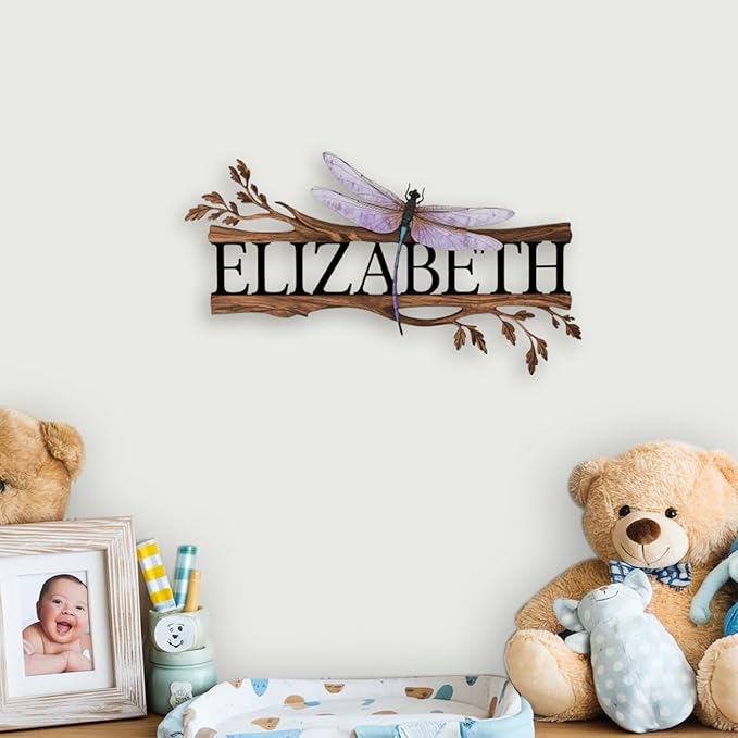 Personalized Nursery Sign, Animals Wooden Sign with Name, Hello World Newborn Sign, Dragonfly Sign for Kid Room Decor, Baby Gifts for Girl, Custom Baby Name Sign, Baby Girls Wall Art Bedroom
