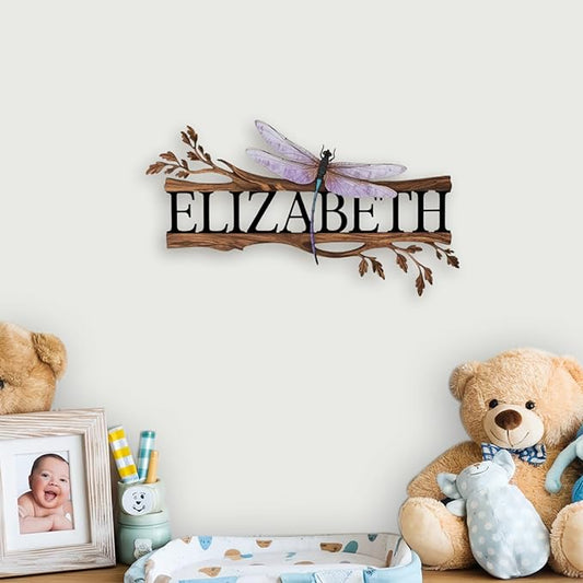 Personalized Nursery Sign, Animals Wooden Sign with Name, Hello World Newborn Sign, Dragonfly Sign for Kid Room Decor, Baby Gifts for Girl, Custom Baby Name Sign, Baby Girls Wall Art Bedroom