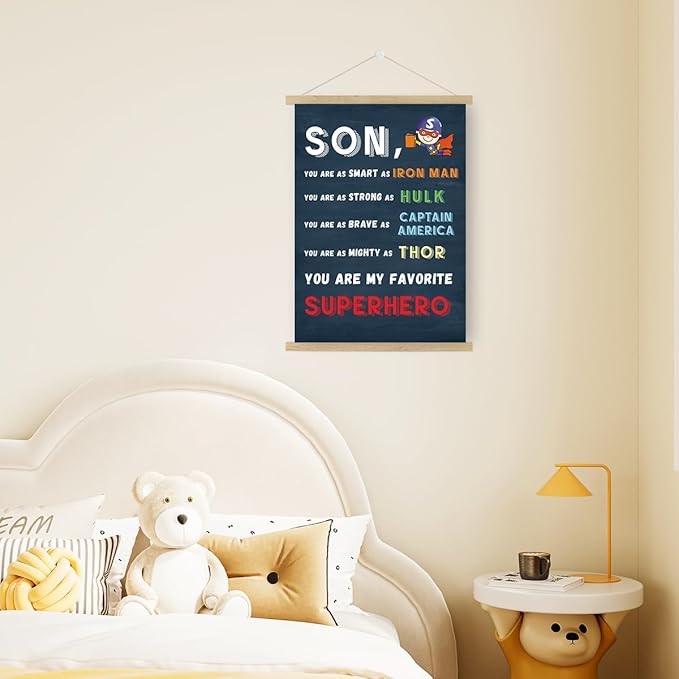 Qswo Son You Are My Favorite Superhero Wall Art Poster Hanger Frame,Inspirational Gifts for Son,Superhero Hanging Canvas Wall Decor for Boys Room Dorm Nursery