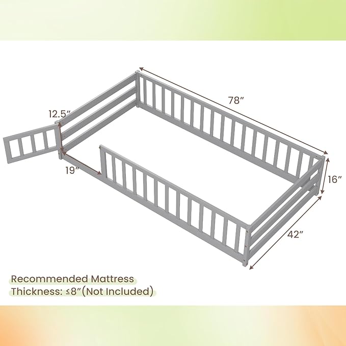 Giantex Twin Floor Bed with Door & Fence, Kids Wood Montessori Beds with Safety Guardrails, Floor Bed Frame for Kids, Boys, Girls, No Box Spring Needed, Floor Bed Twin (Grey)