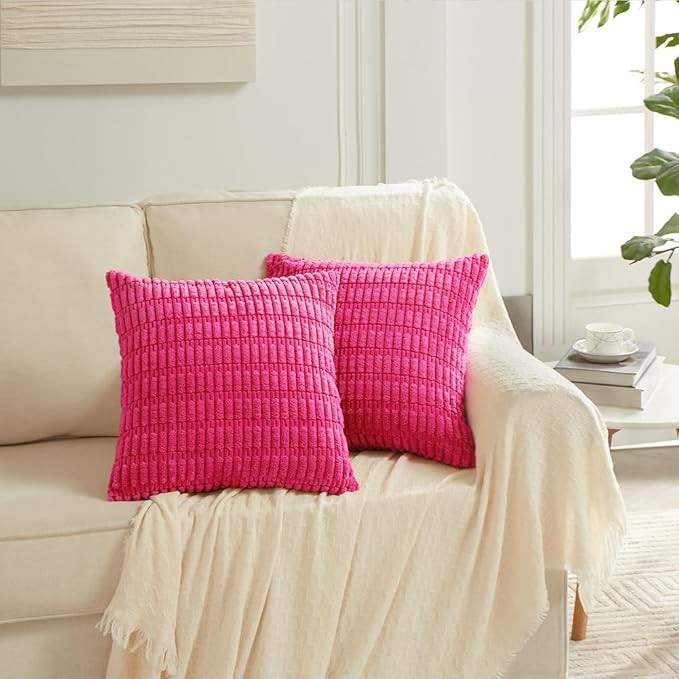 Fancy Homi 2 Packs Hot Pink Decorative Throw Pillow Covers 18x18 Inch for Living Room Couch Bed Sofa, Rustic Farmhouse Boho Home Decor, Soft Striped Fuschia Corduroy Square Cushion Case 45x45 cm