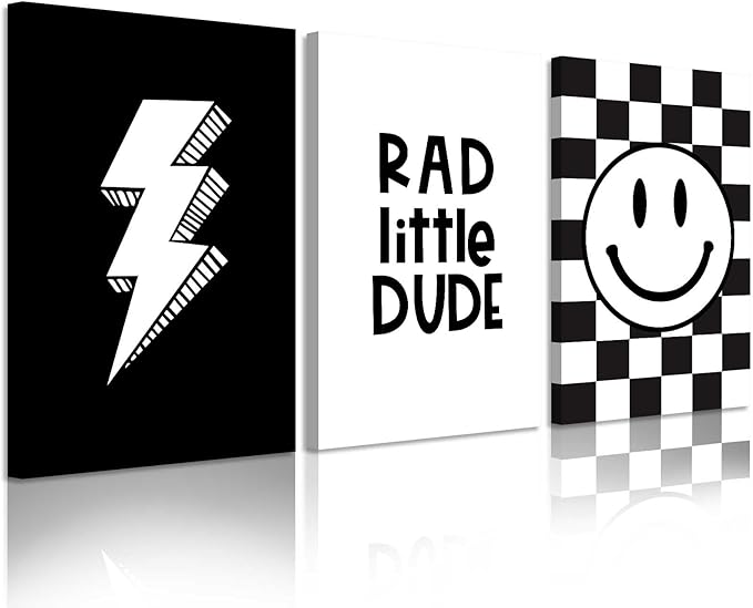 Boys Room Wall Art Decor Toddler Nursery Canvas Wall Art Baby Kids Wall Decor Black Checkered Smiley Poster Pictures Retro Playroom Rad Little Dud Art Prints for Bedroom 16x24x3 Inch Framed