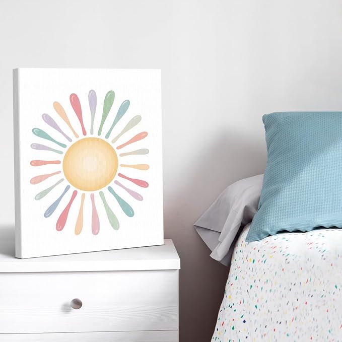 Cute Pastel Sun Nursery Canvas Wall Art Print Colorful Sun Poster Painting Wall Decor for Nursery Toddler Girls Room Bedroom Kids Playroom 8x10 Framed