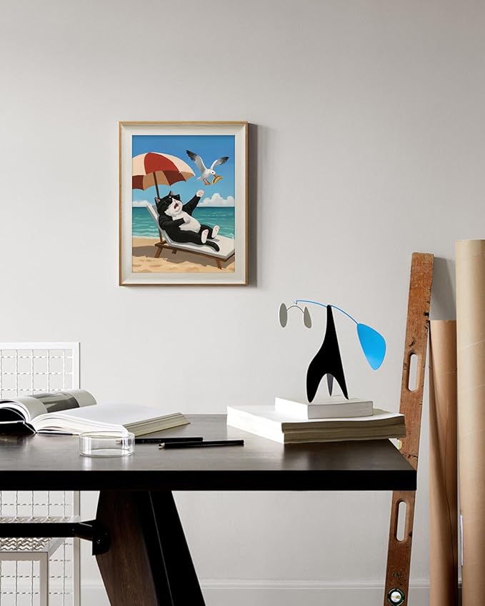 ARPEOTCY Framed Canvas Wall Art, 12x16 Inch Funny Black and White Cat on the Beach Print, Coastal Wall Decor for Bathroom, Bedroom, or Living Room, Humorous Gift for Cat Lovers