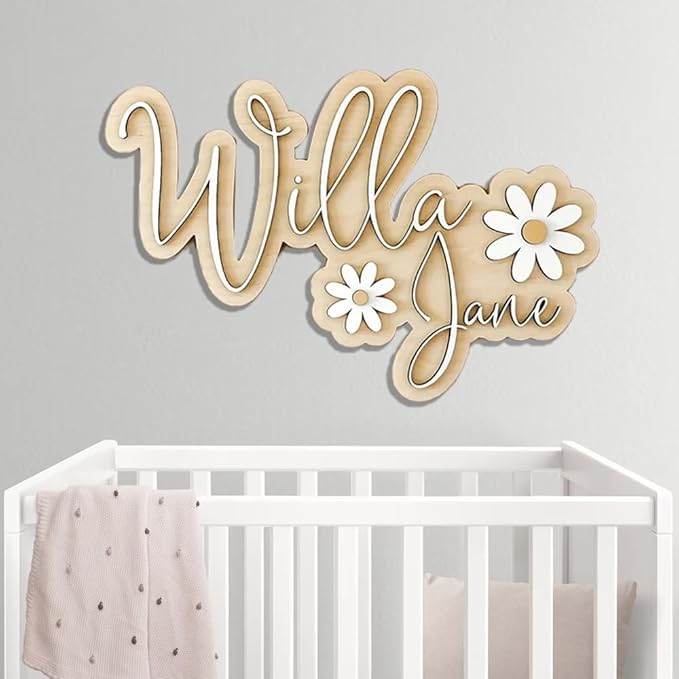Personalized Nursery Name Sign, Custom Wooden Name Sign with Flowers, 3D Layered Wood Wall Decor for Baby Girl Room, Boho Floral Kids Room Name Plaque, 2 Layer /5