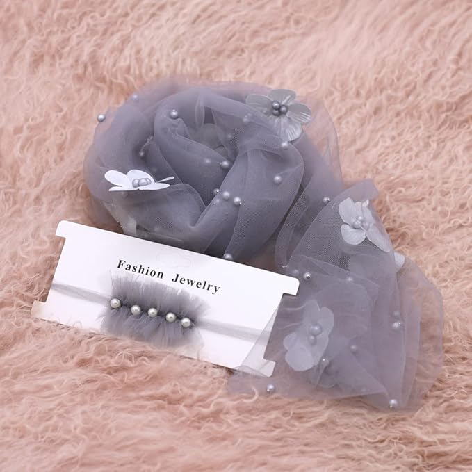 Newborn Baby Photography Props Blanket, Baby Photo Props Pearl Wrap Blanket Headband for Baby Boys Girls Photoshoot (Grey)