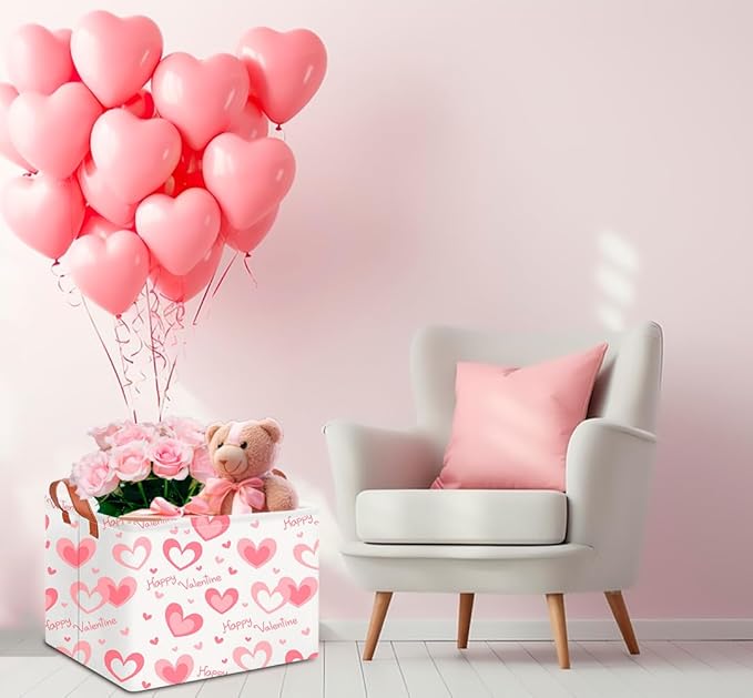 CLOCOR Rectangular Pink Valentines' Gift Basket Collapsible Cute Pattern Storage Bin,Waterproof Books Box with Handles,Storage Basket(Pink Happy Valentine)