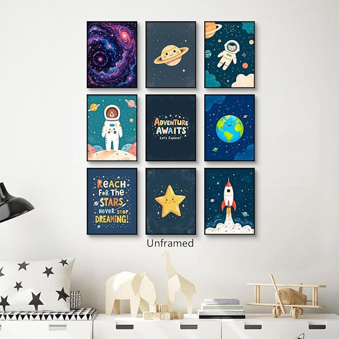 9 Pieces Outer Space Theme Nursery Canvas Wall Art, Charming Bear Astronaut Planets Rocket Poster for Kids Room, Baby Boys Playroom Bedroom Stars Cosmos Picture Print 12x16in Unframed